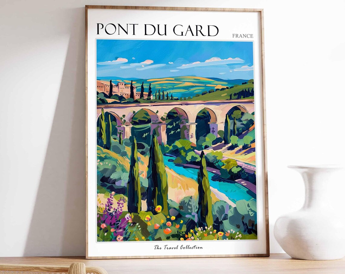 Pont Du Gard France Roman Aqueduct Colorful Painting Travel Poster