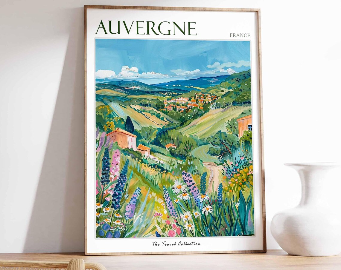 Auvergne France Blue Lupine Wildflowers Hillside Village Poster