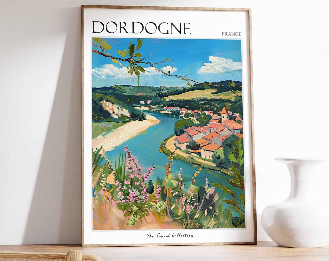 Dordogne France River Bend Village Panoramic View Travel Poster