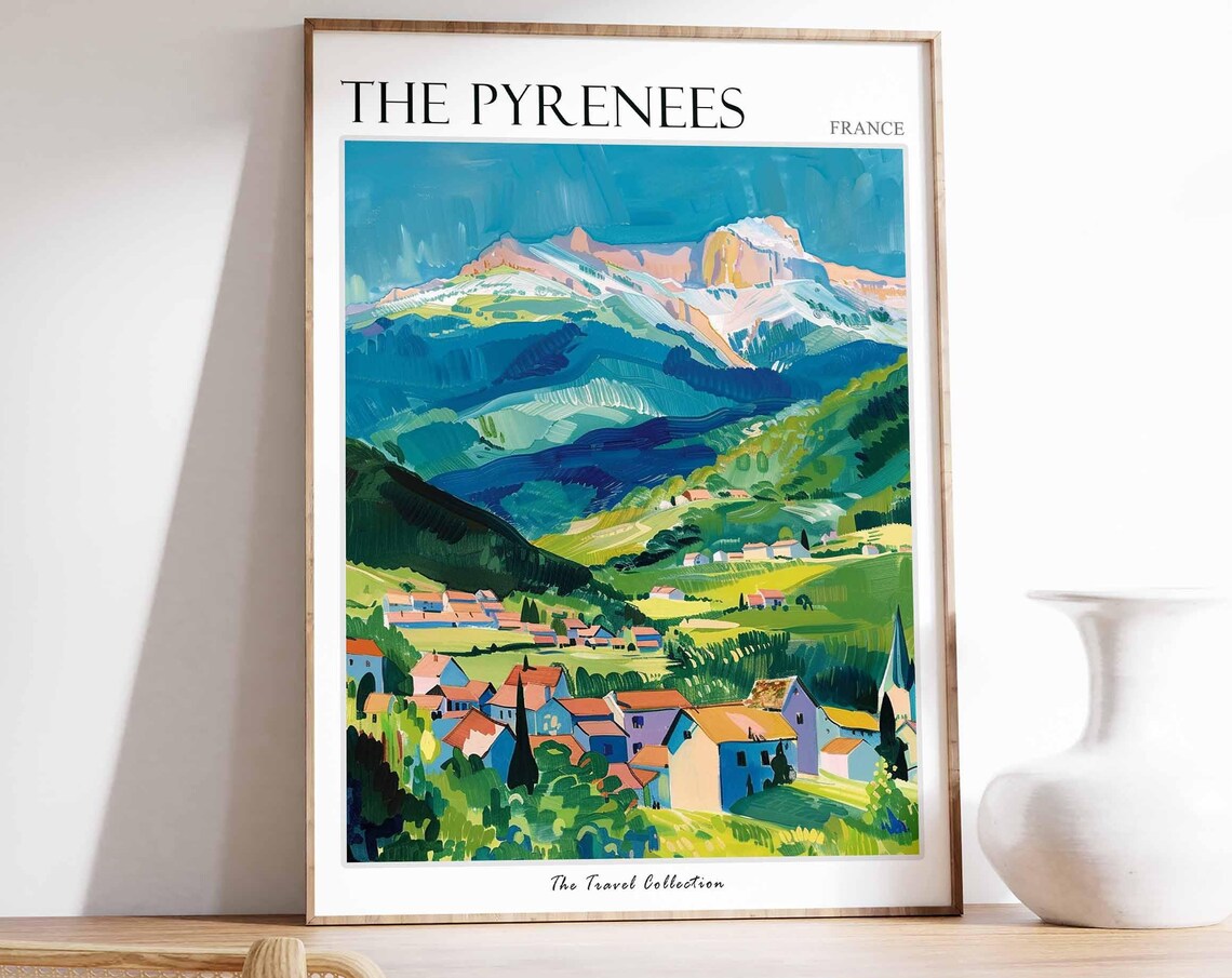 The Pyrenees France Snowy Ridges Village Painting Travel Poster