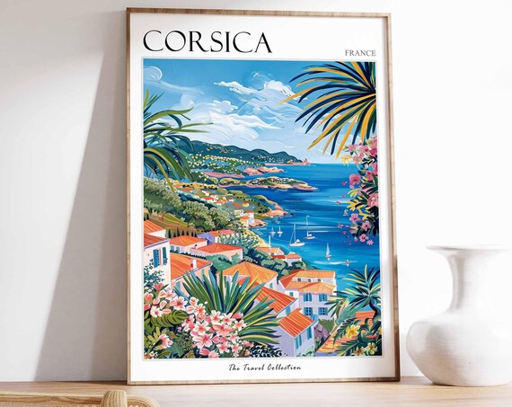 Corsica France Coastal Town Palm Fronds Rooftops Travel Poster