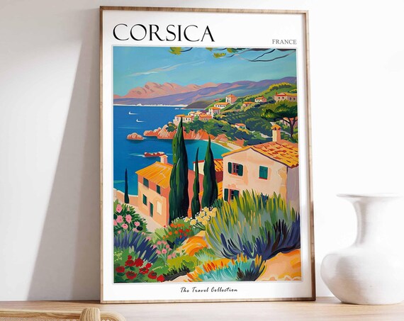 Corsica France Hillside Village Bay View Watercolor Travel Poster