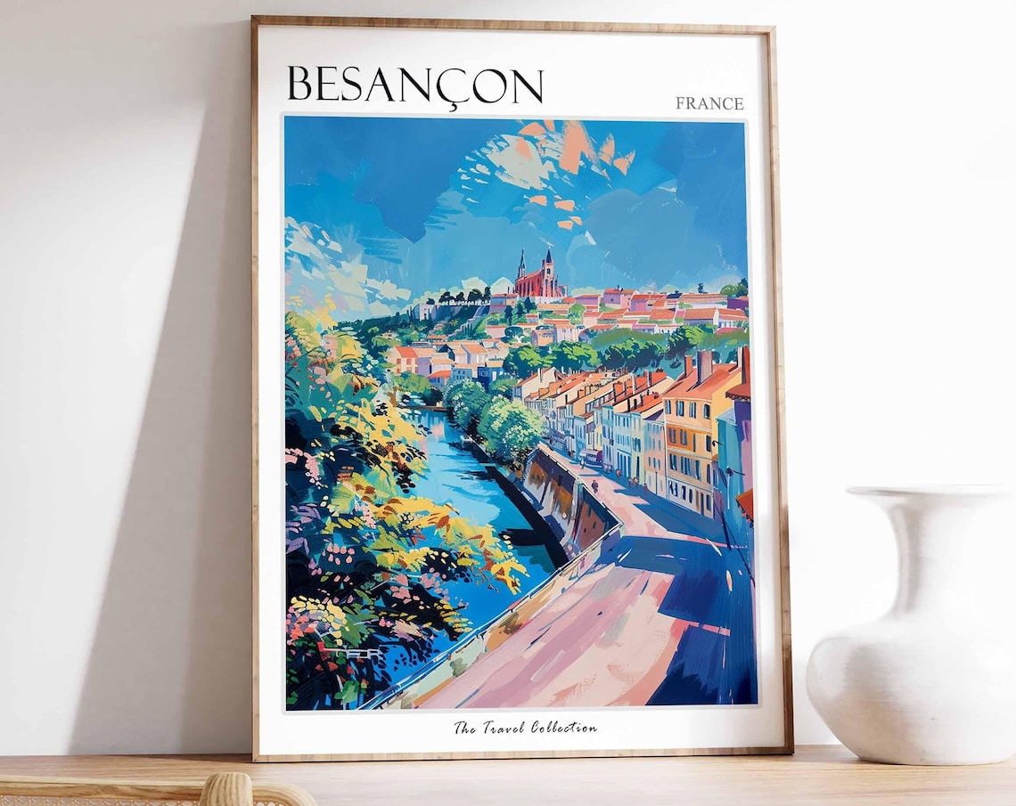 Besancon France Riverside Walk Church Spire Expressive Travel Poster