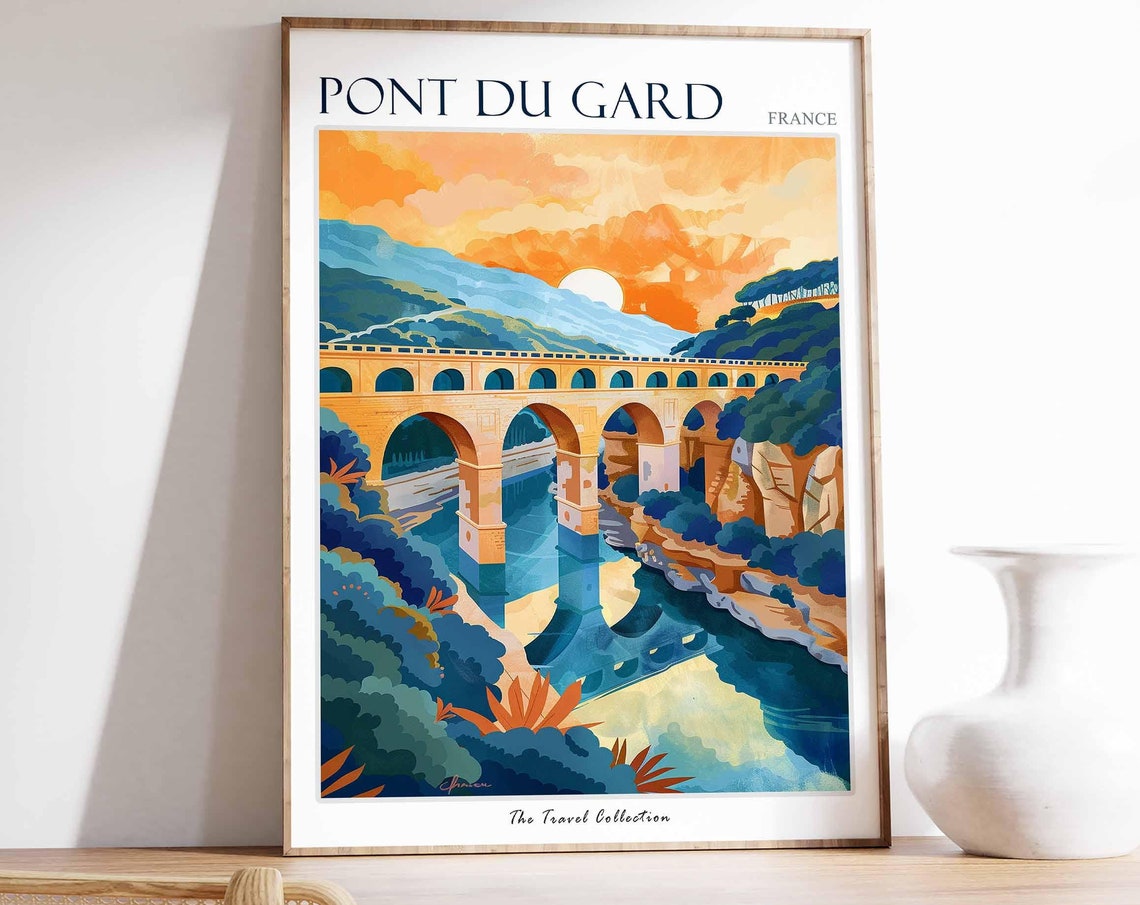 Pont Du Gard Poster France Travel Print French Decor Europe Travel Poster European Wall Art Botanical Print Pont Du Gard Travel Poster