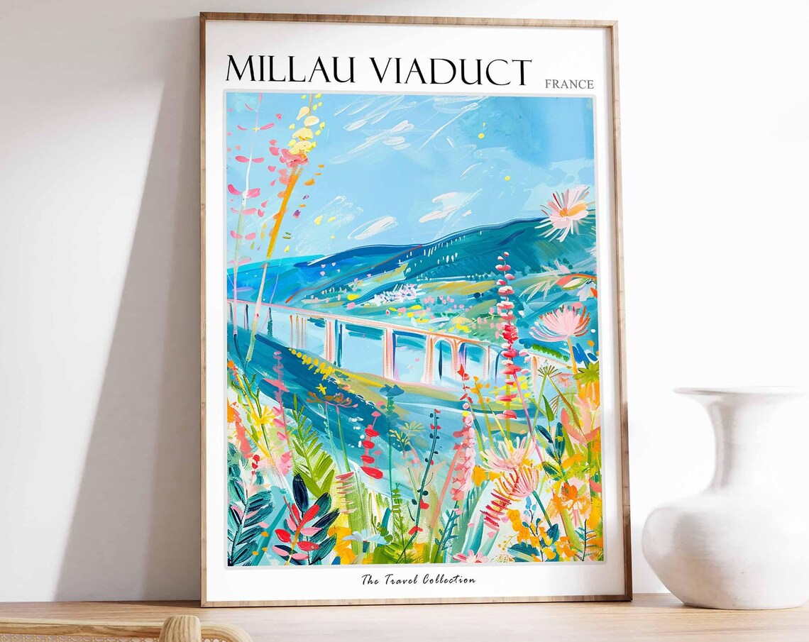 Millau Viaduct France Wildflower Meadow Valley Painting Travel Poster
