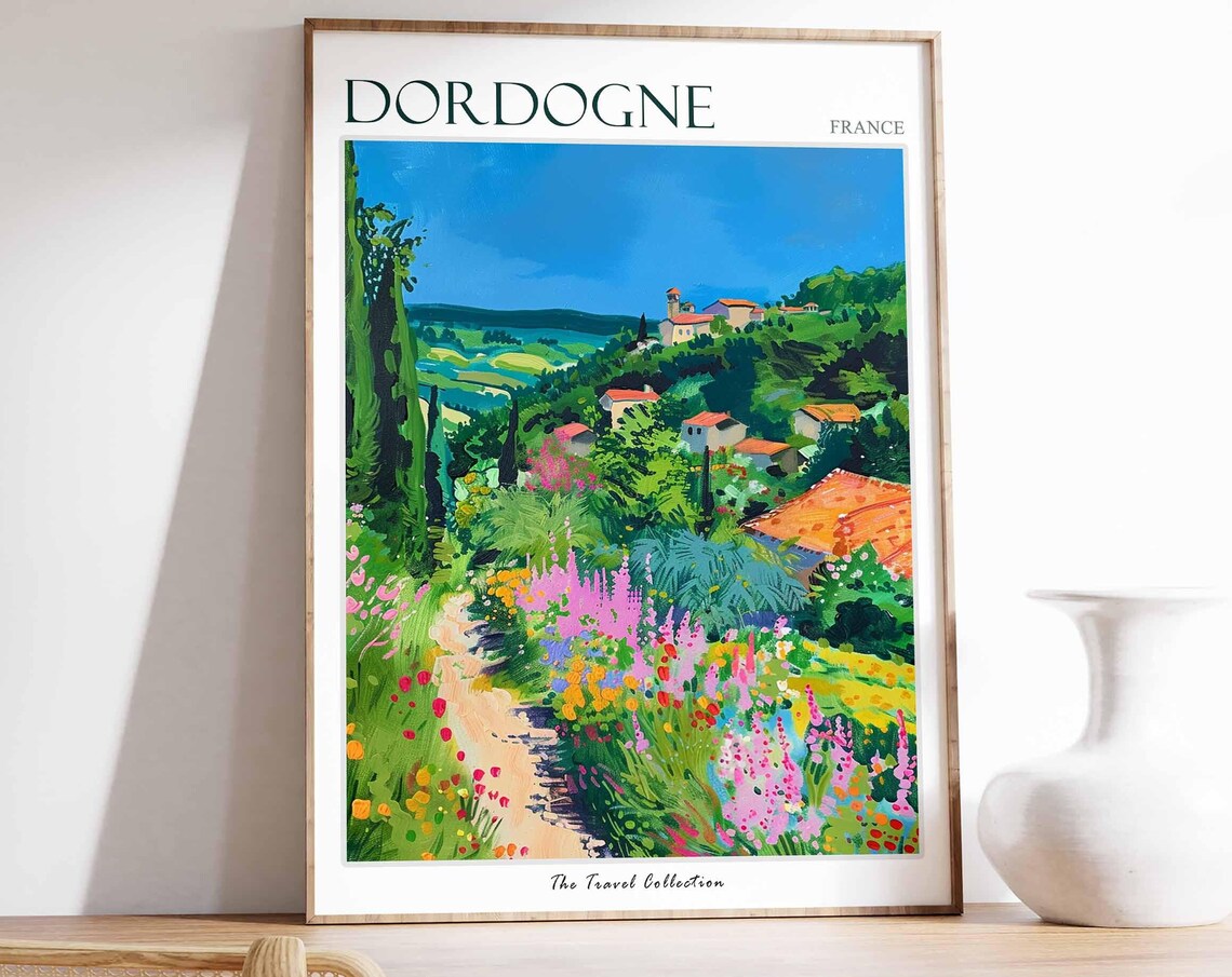 Dordogne France Hillside Village Wildflower Path Travel Poster