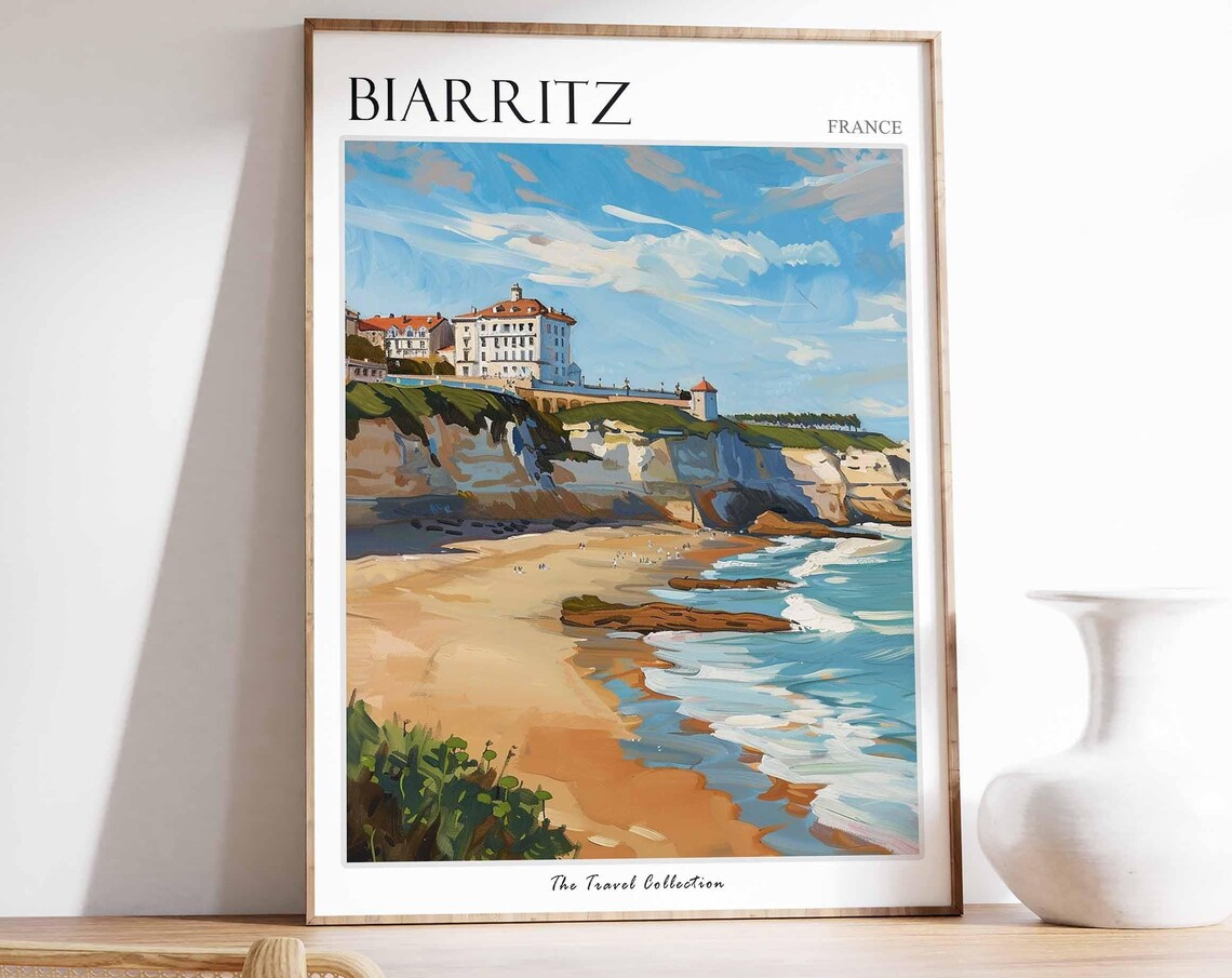 Biarritz France Grand Hotel Cliffs Beach Waves Painted Travel Poster