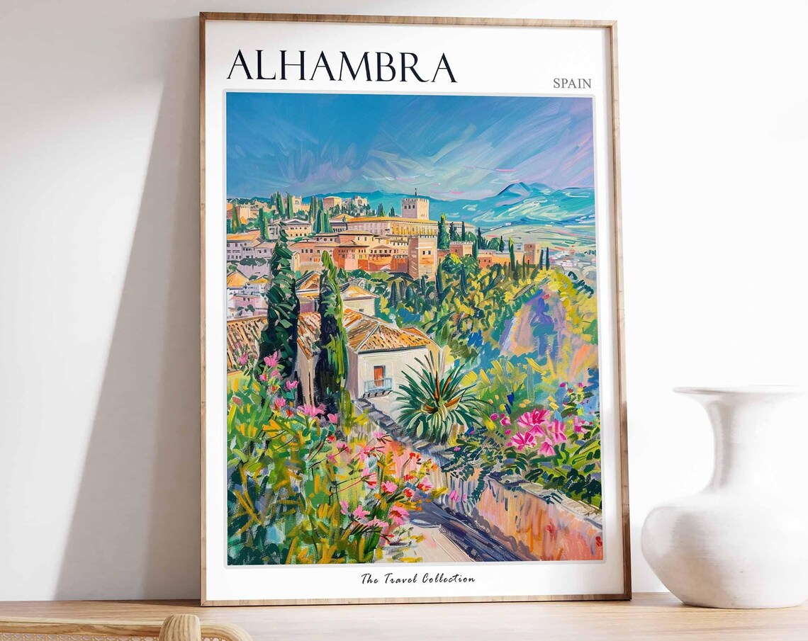 Alhambra Spain Gardens Flowers Palace View Painted Travel Poster