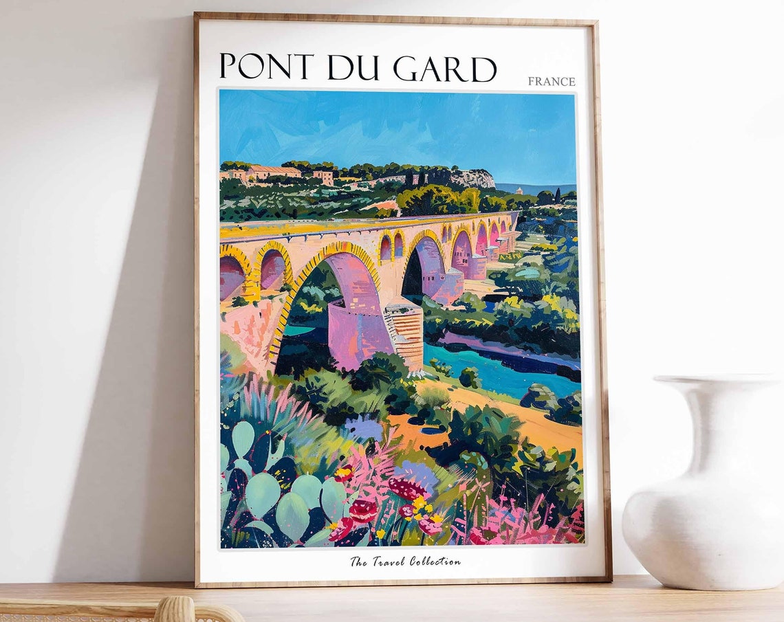 Pont Du Gard Poster France Travel Print French Decor Europe Travel Poster European Wall Art Botanical Print Pont Du Gard Travel Poster