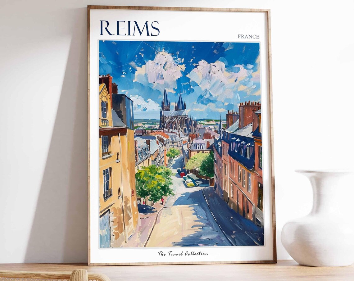 Reims France Cathedral Street Loose Oil Painted Travel Art Poster