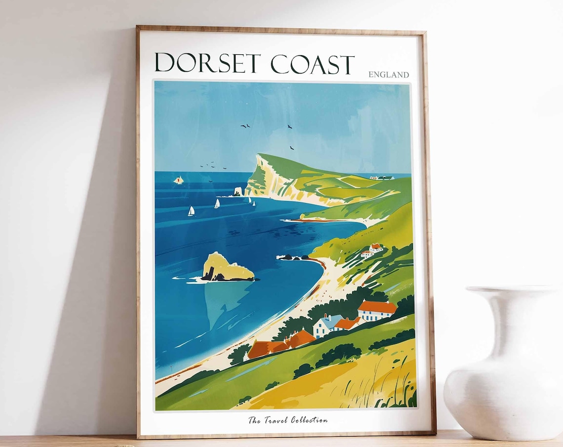 Dorset Coast England Chalk Headland Travel Poster Sailboats Bay Art