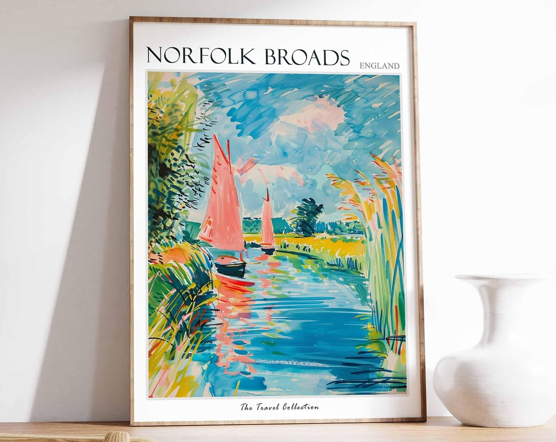 Norfolk Broads Pink Sailed Boats River Watercolor Travel Poster