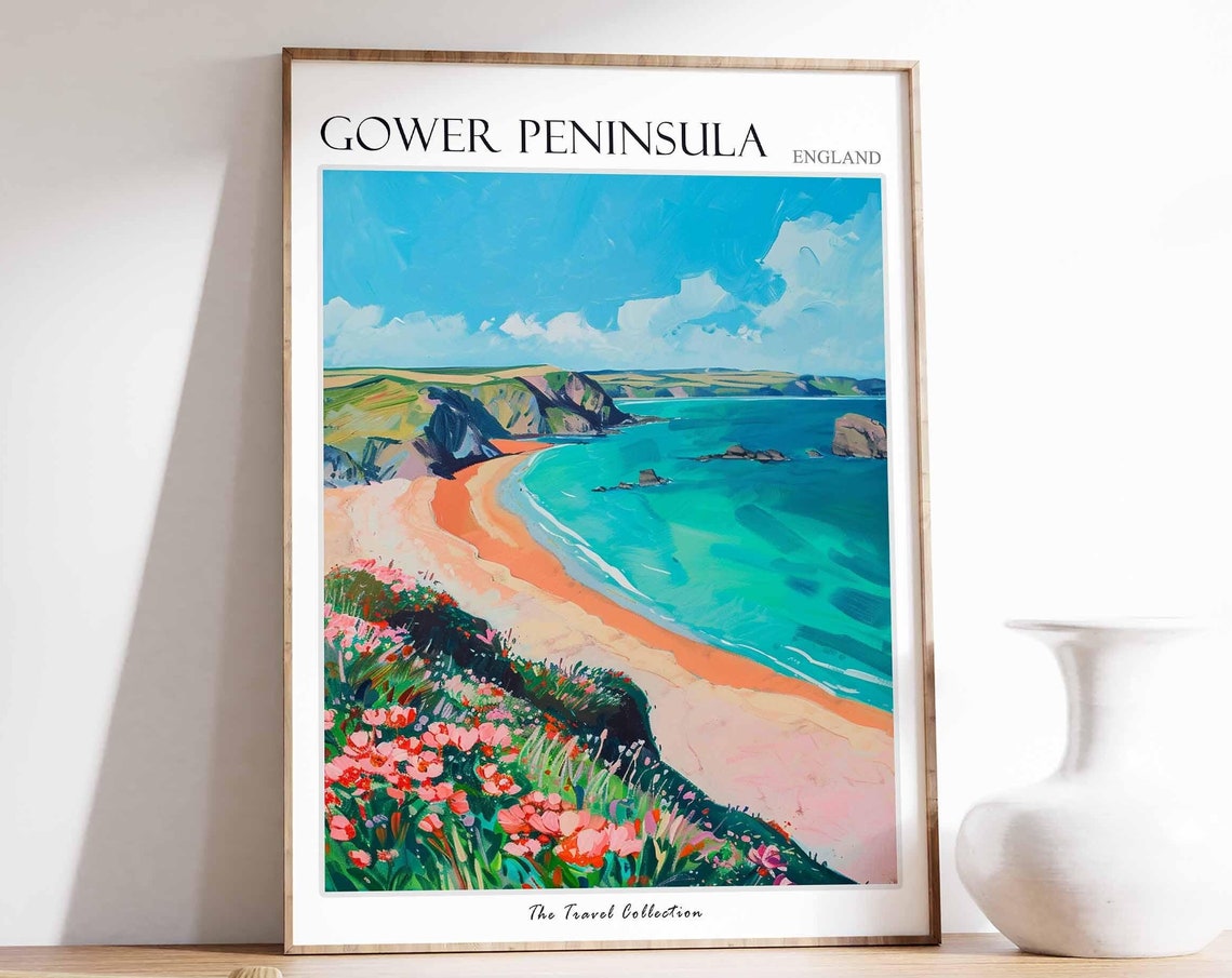 Gower Peninsula Sandy Cove Travel Poster Turquoise Sea Headland Art