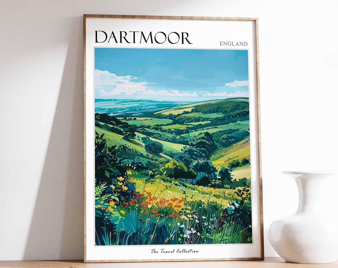 Dartmoor England Green Valley Panorama Blue Sky Nature Poster