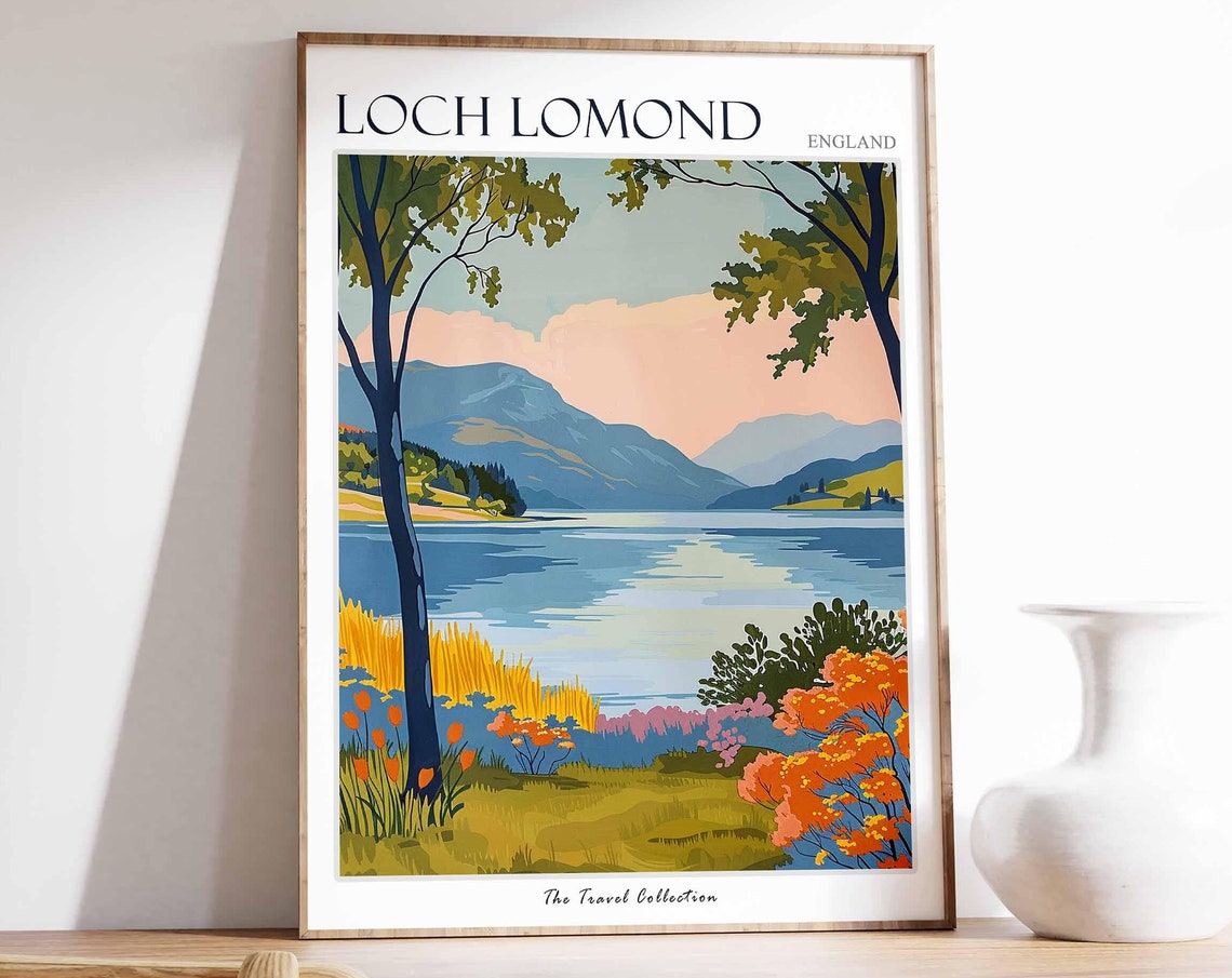 Loch Lomond England Retro Lakeside Trees Autumn Colors Poster