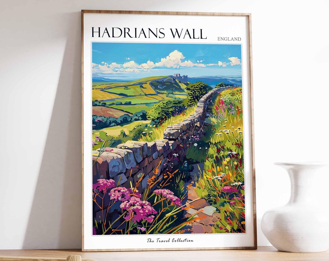 Hadrians Wall England Stone Wall Path Travel Poster Wildflowers Art