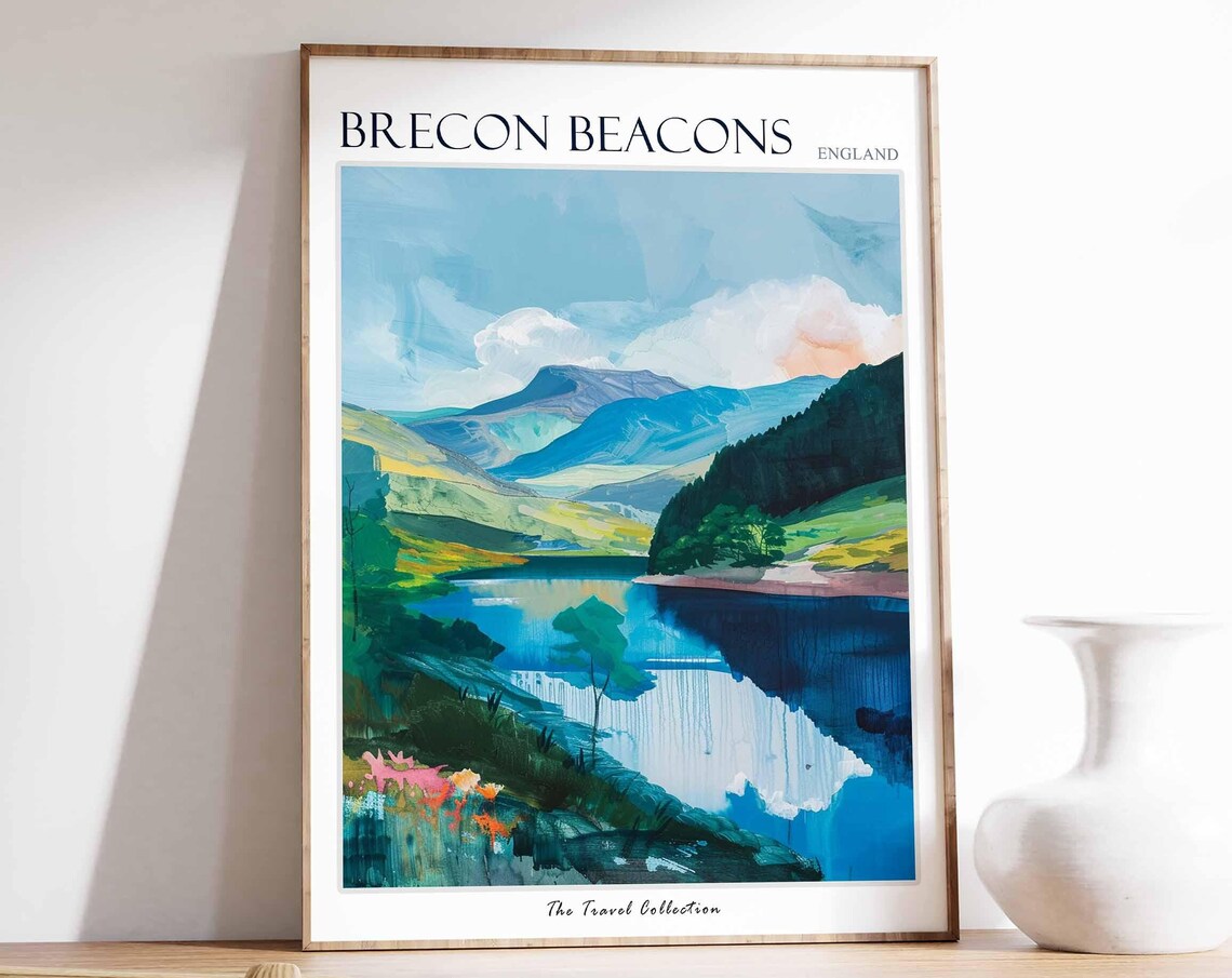 Brecon Beacons Mountain Lake Reflections Watercolor Travel Poster