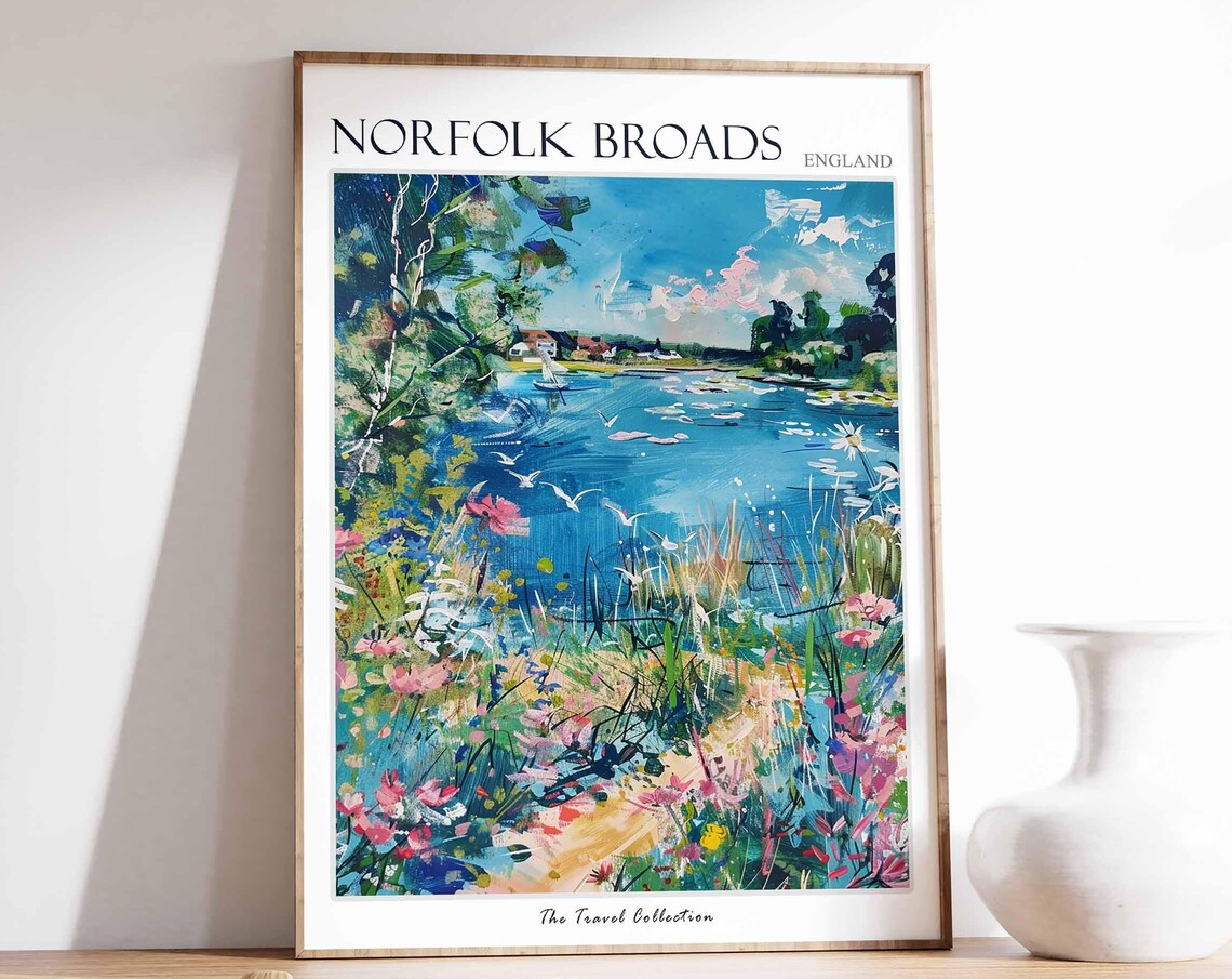 Norfolk Broads Vibrant Wildflower Riverbank Sailboats Poster