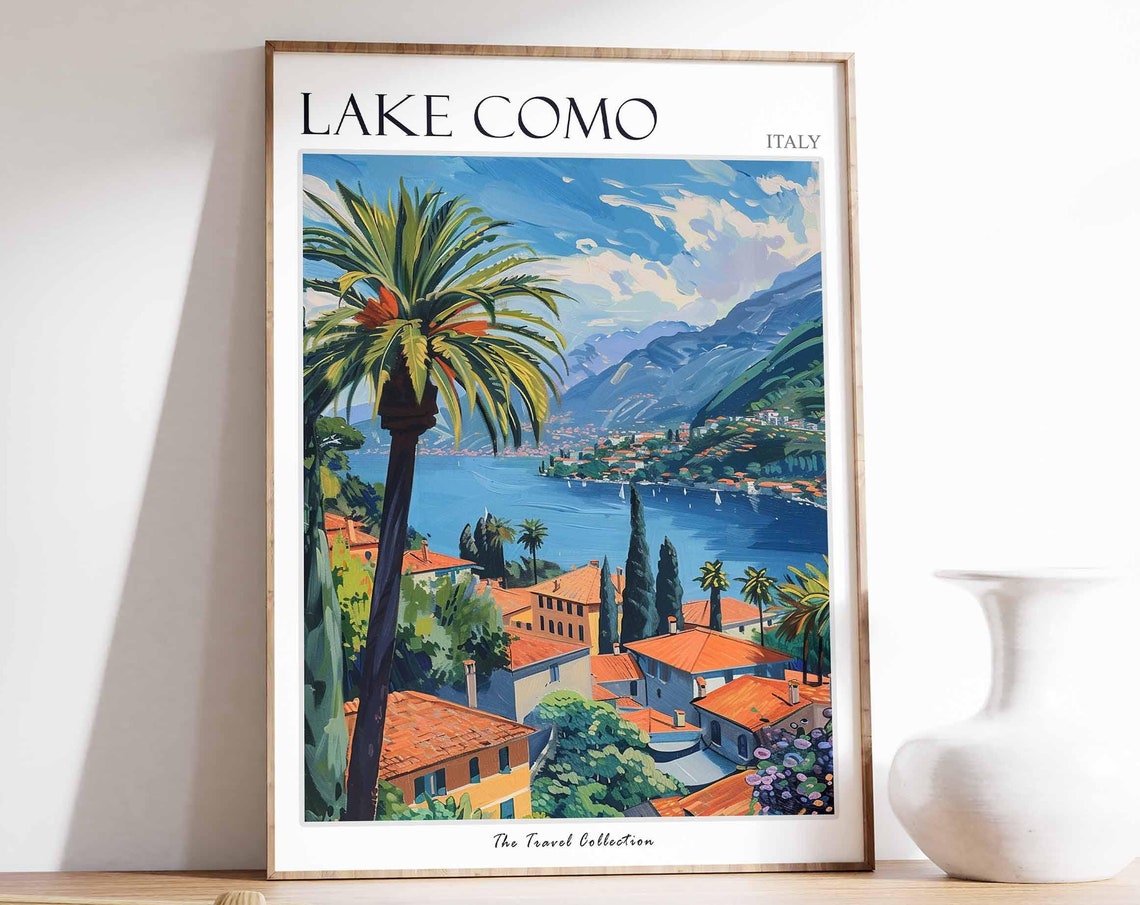 Lake Como Italy Tall Palm Tree Lakeside Village Travel Poster