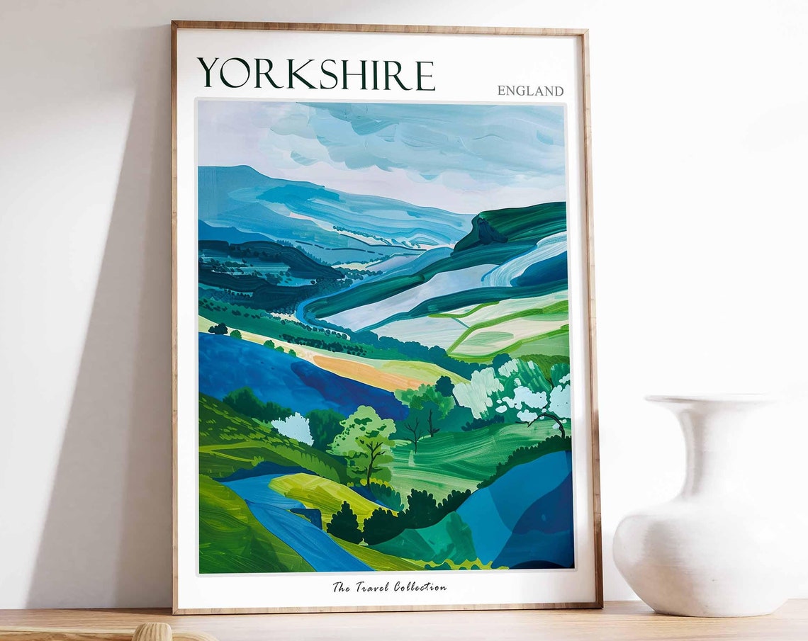 Yorkshire Rolling Hills River Valley Blue Landscape Art Poster