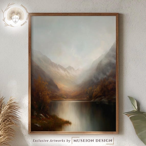 Misty Autumn Mountain Lake Moody Landscape Vintage Rustic Home Decor Poster