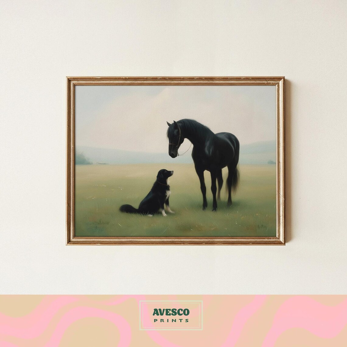 Black Horse and Dog Vintage Oil Painting Farmhouse Animal Art Poster