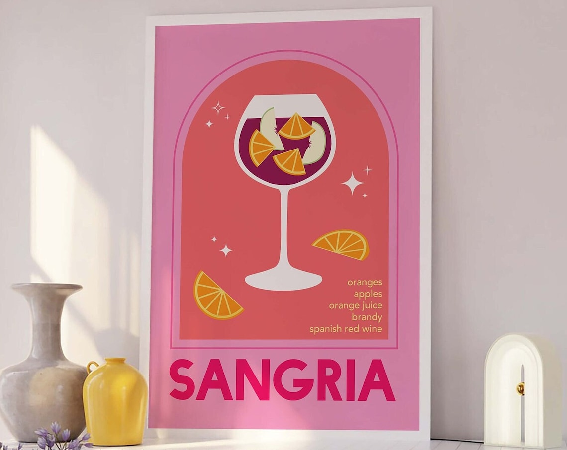 Sangria Pink Spanish Wine Cocktail Recipe Retro Bar Art Poster