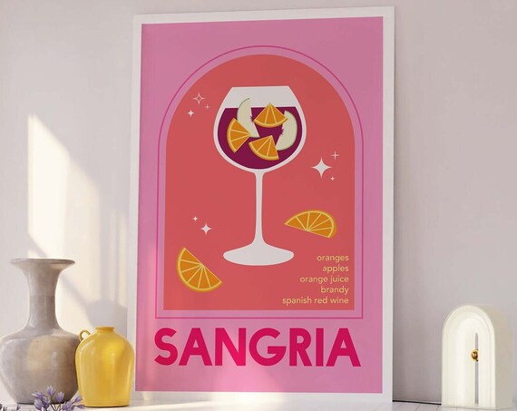 Sangria Pink Spanish Wine Cocktail Recipe Retro Bar Art Poster