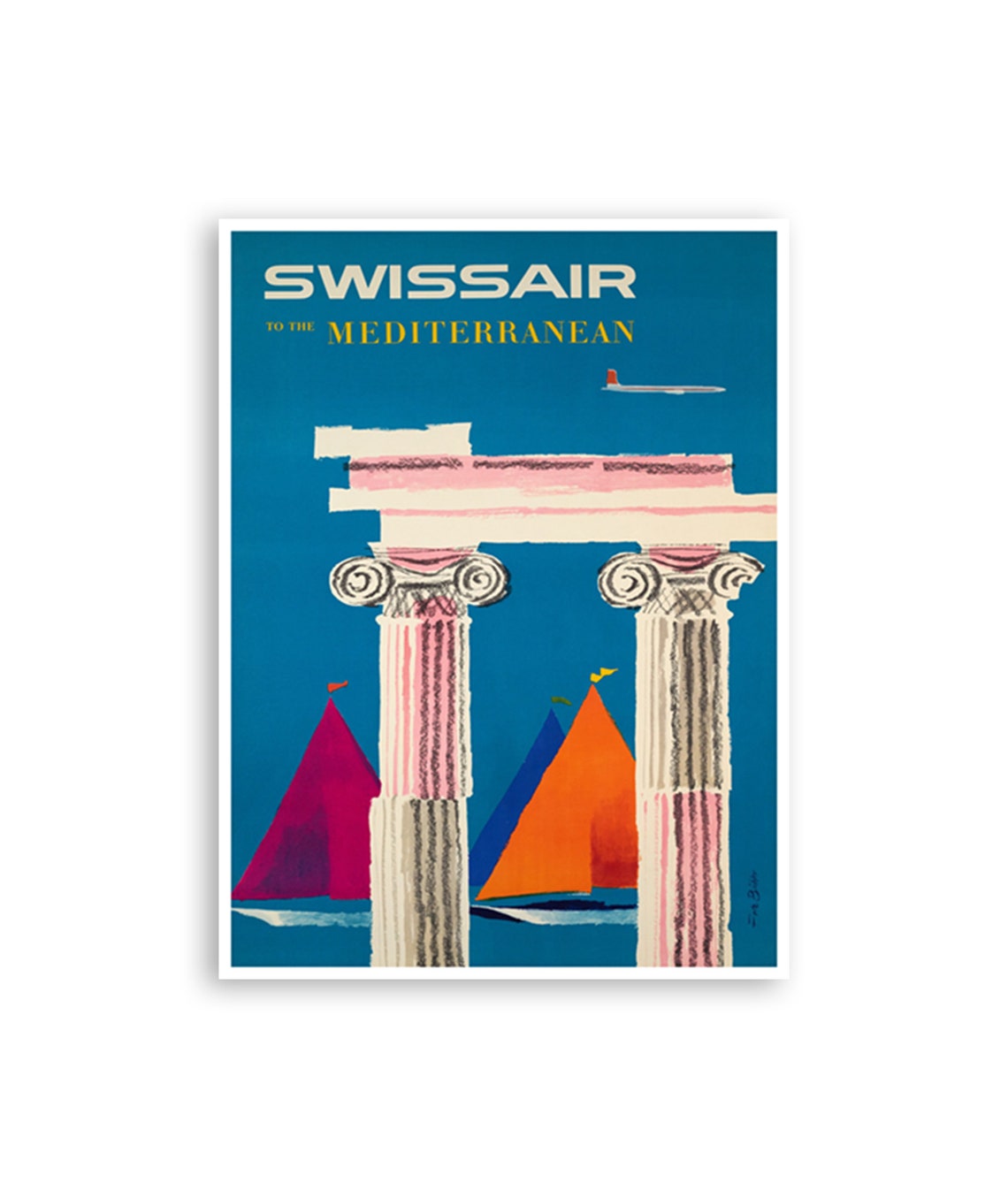 Swissair Mediterranean Ionic Columns Sailboats Vintage Travel Poster