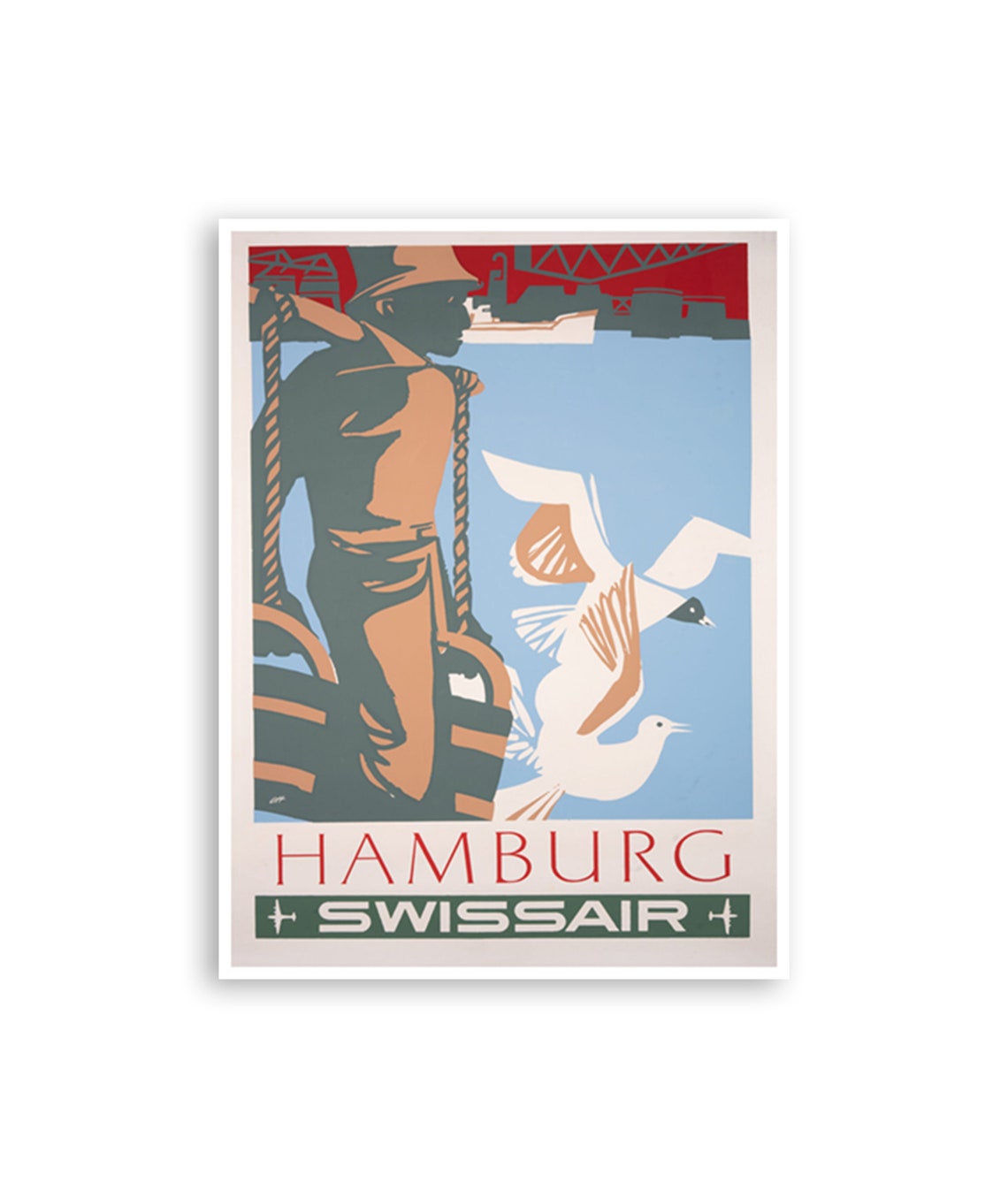 Hamburg Swissair Airline Poster Dock Worker Gulls Harbor Vintage