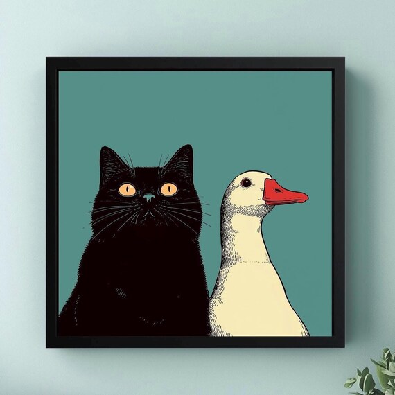 Funny Black Cat and Goose Quirky Retro Animal Art Poster Teal