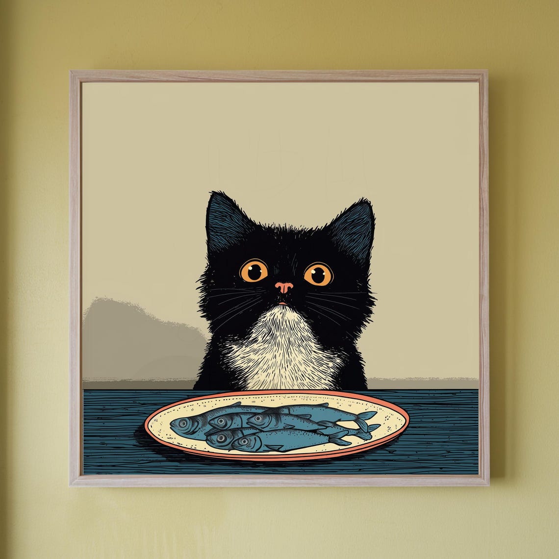 Funny Cat Kitchen Wall Art Retro Sardines Print Quirky Vintage Illustration Square Unframed Poster Lover Decor