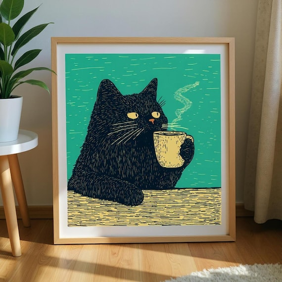 Black Cat Coffee Wall Art Retro Kitchen Decor Funny Poster Quirky Print Gift For Lovers