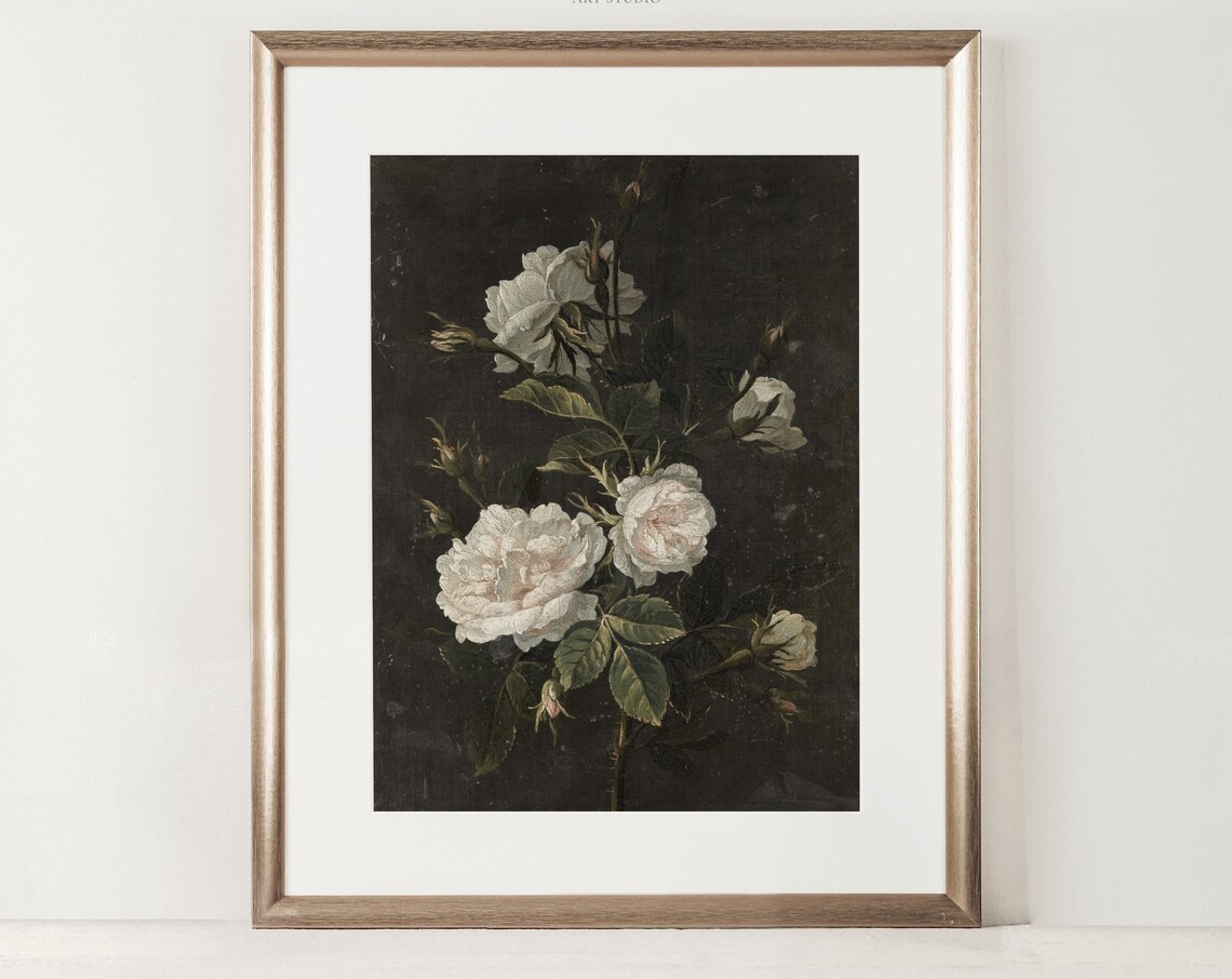 Vintage Dark Flower Print, Dark Academia Roses Art Print