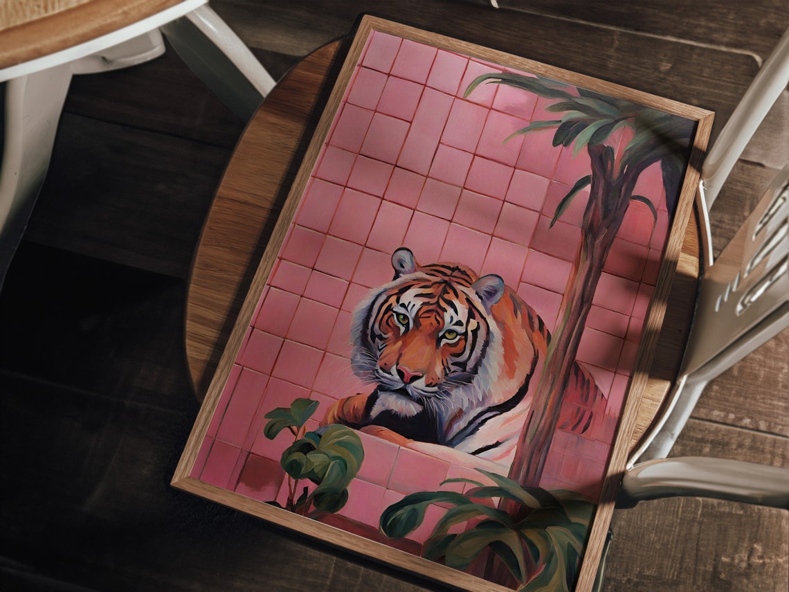 Tiger Resting By Pink Tiled Wall Maximalist Painterly Animal Poster - Image 2