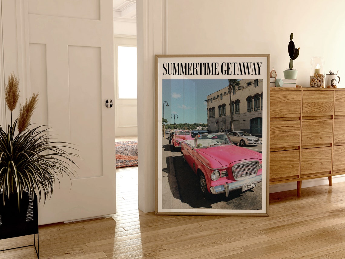 Summertime Getaway Pink Vintage Convertible Classic Car Poster - Image 2