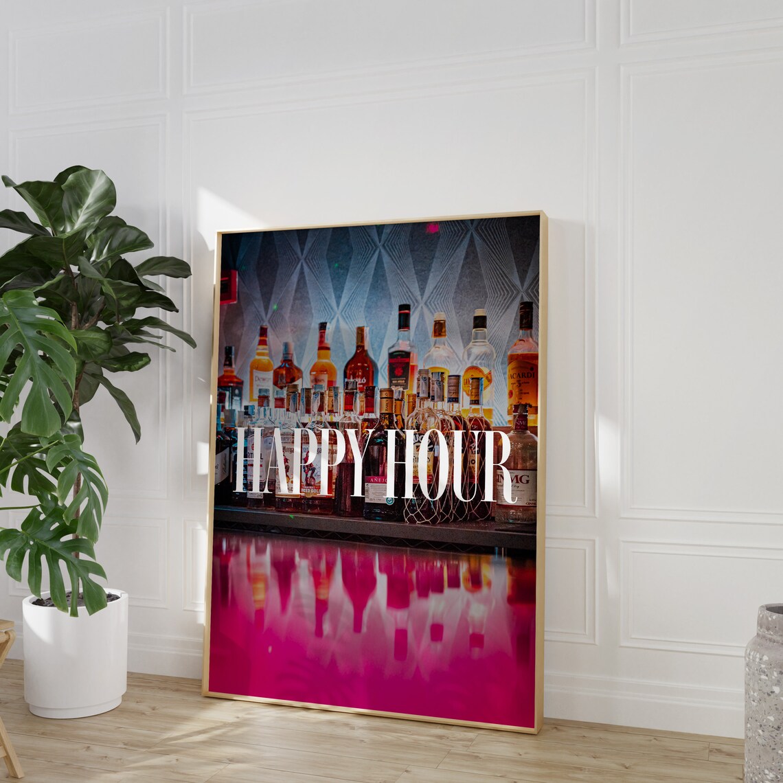 Happy Hour Bar Bottles Photo Pink Retro Kitchen Decor Poster - Image 4
