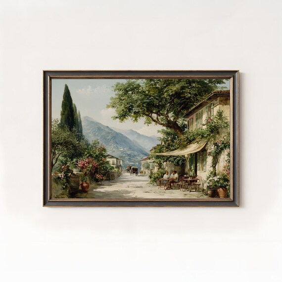 Italian Village Mountain Valley Romantic Vintage Oil Painting Poster