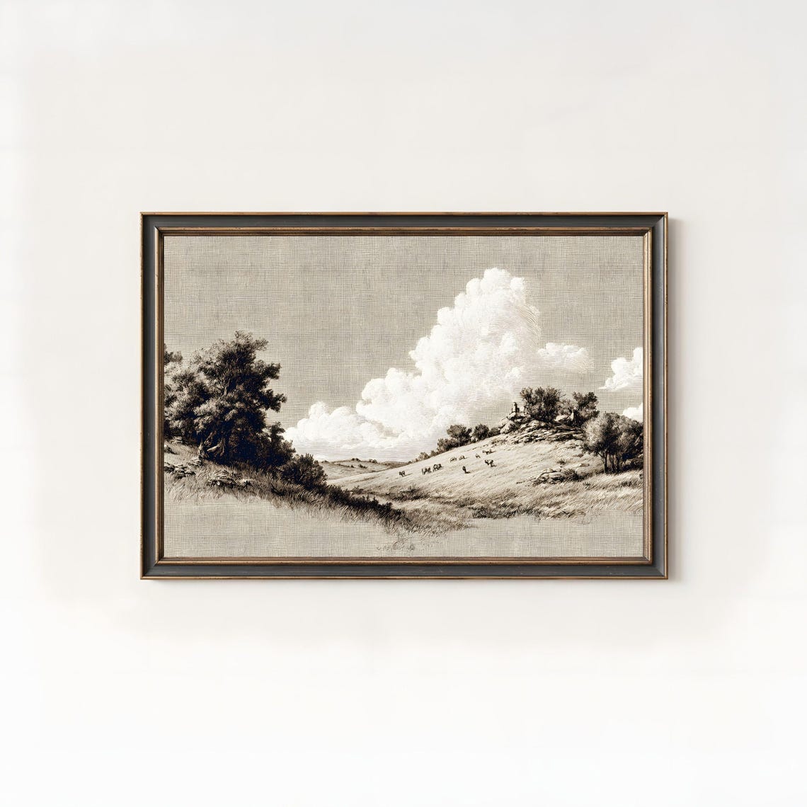 Monochrome Hill Landscape Trees Dramatic Clouds Sketch Poster