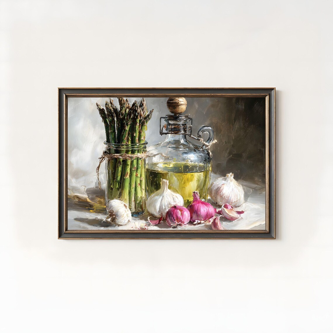 Asparagus Jar Olive Oil Garlic Italian Kitchen Still Life Print
