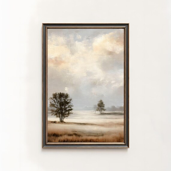 Misty Field Oil Painting Neutral Beige Farmhouse Landscape Art Poster
