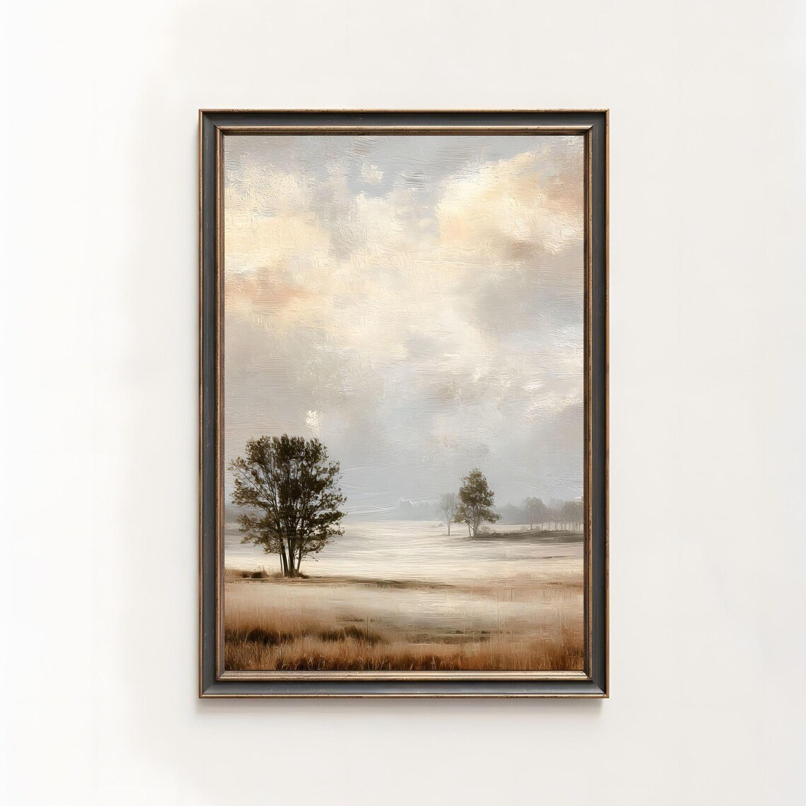 Misty Field Oil Painting Neutral Beige Farmhouse Landscape Art Poster