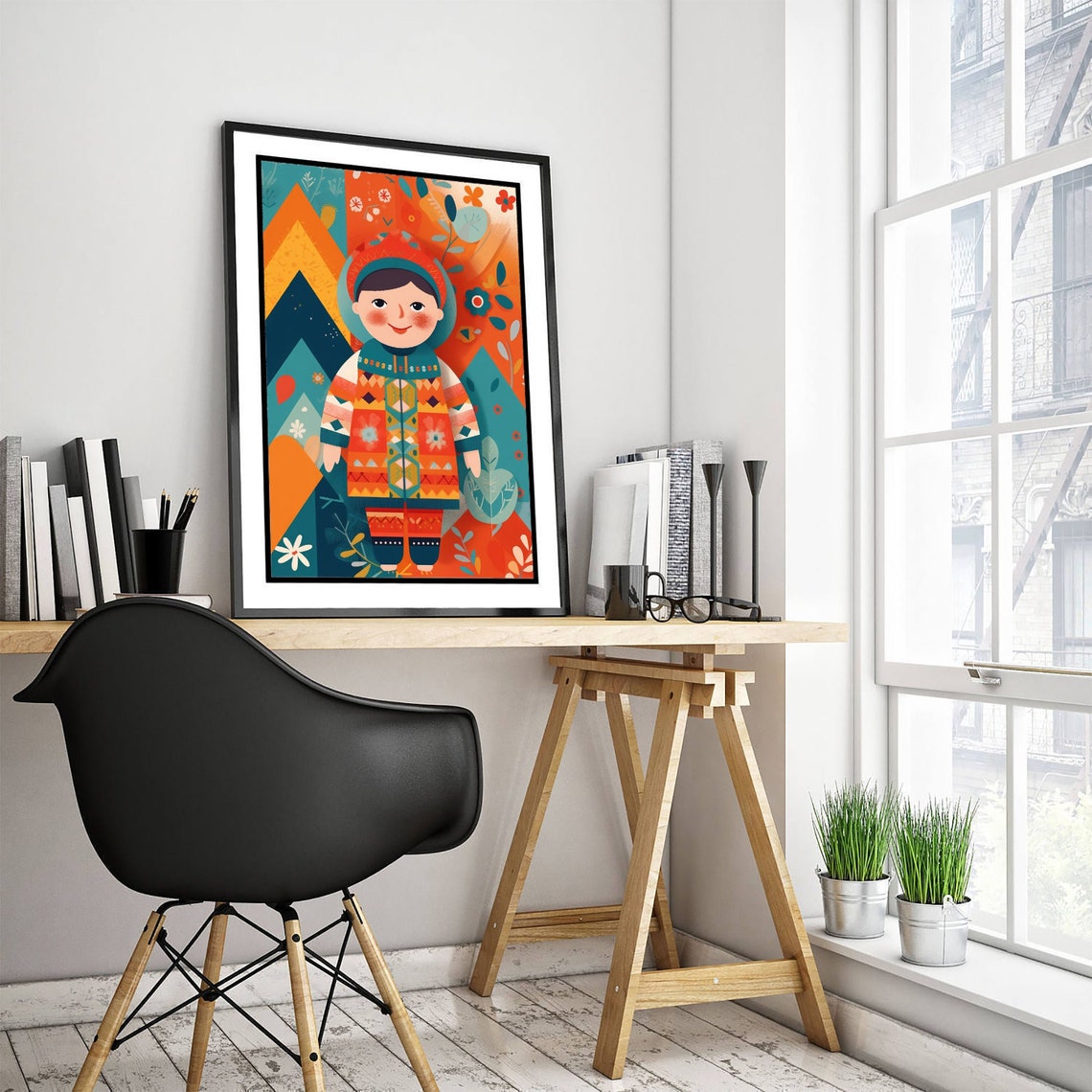 Smiling Boy in Colorful Patterned Folk Coat Illustration Poster - Image 3