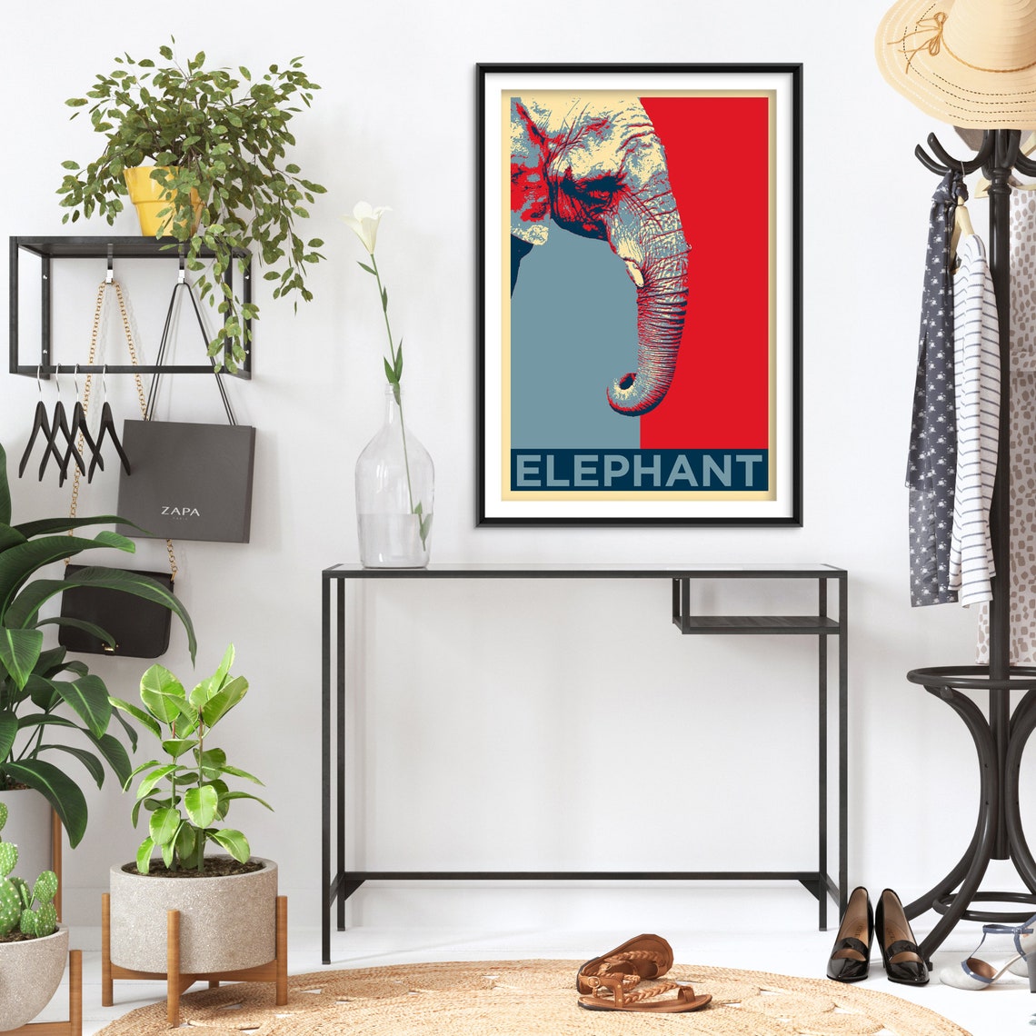 Pop Art Elephant Head Bold Red Blue Retro Style Animal Wall Poster - Image 2