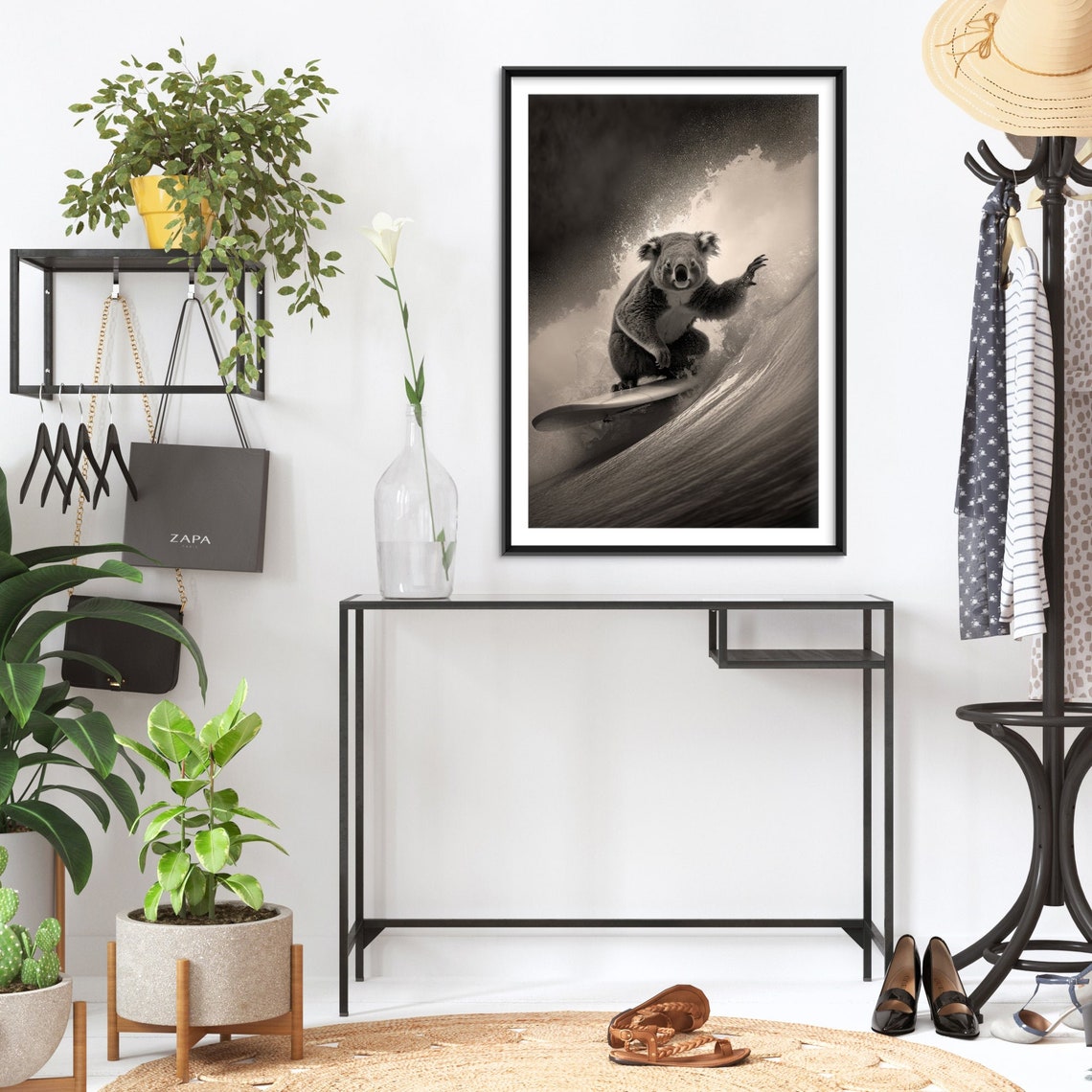Cute Koala Riding a Surfboard on a Curling Wave Black and White Poster - Image 2