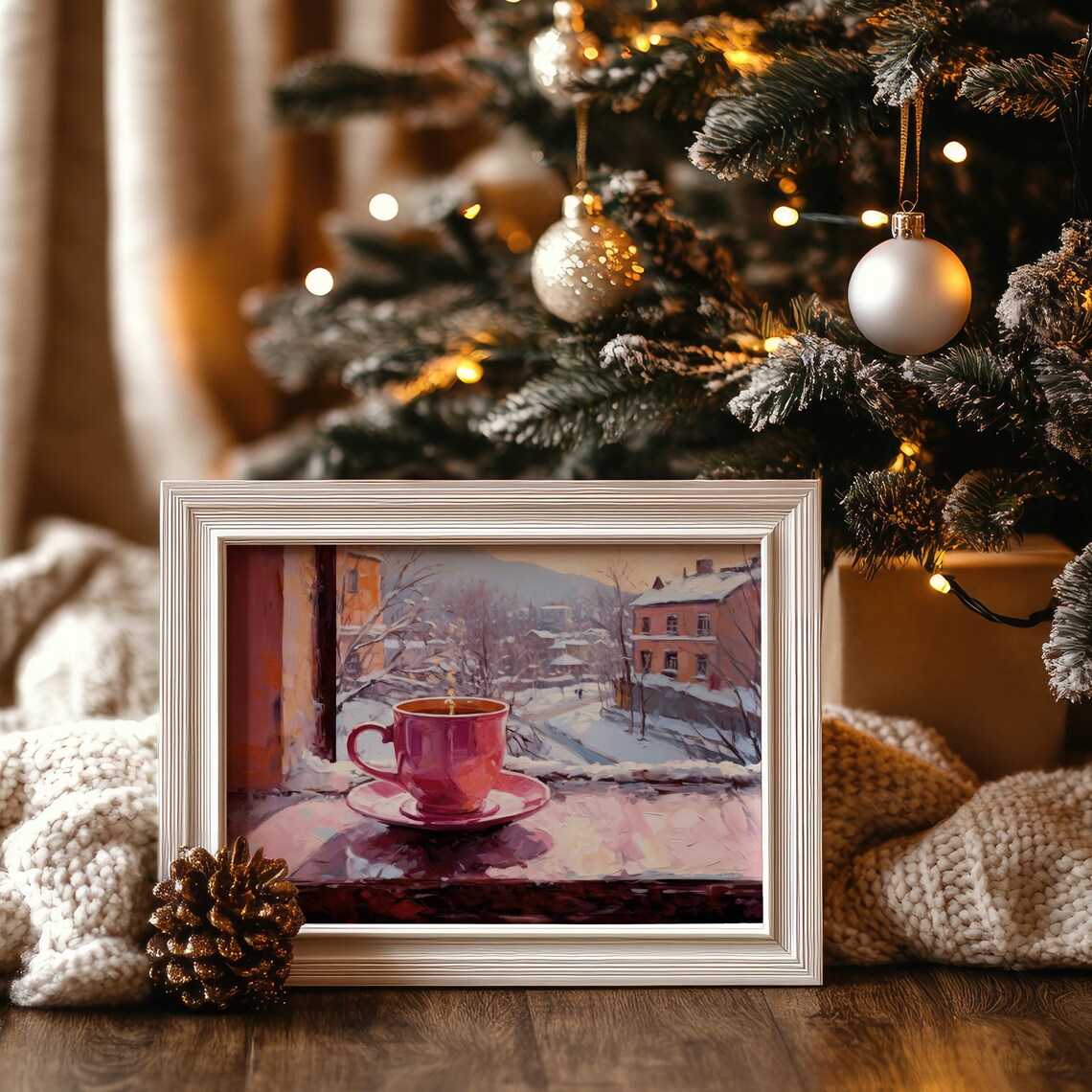 Pink Coffee Cup Snowy Window View Winter Village Morning Art Poster - Image 5