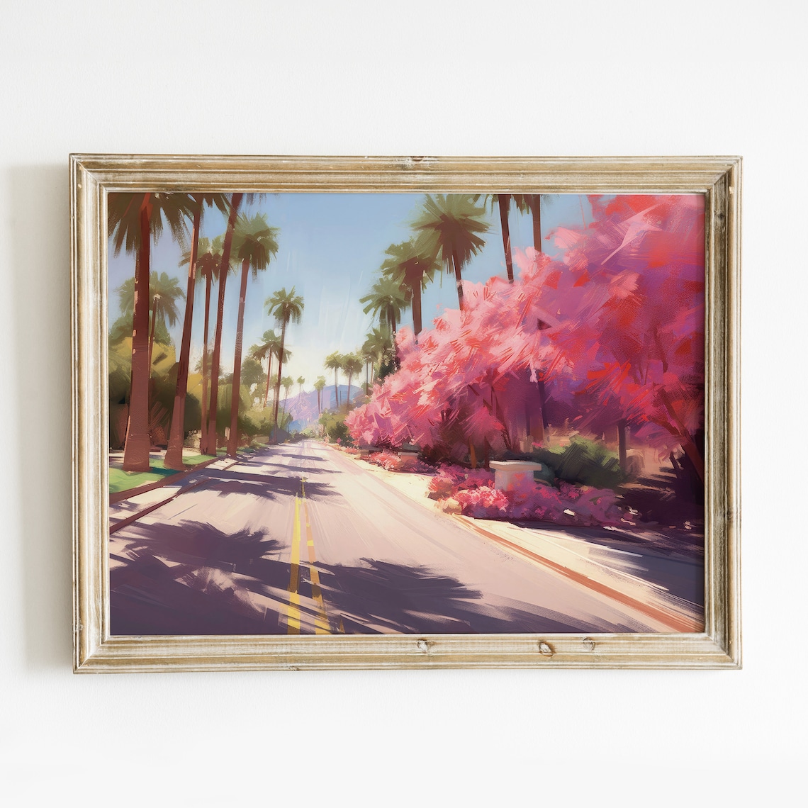 California Palm Tree Lined Road Pink Flowering Trees Travel Poster