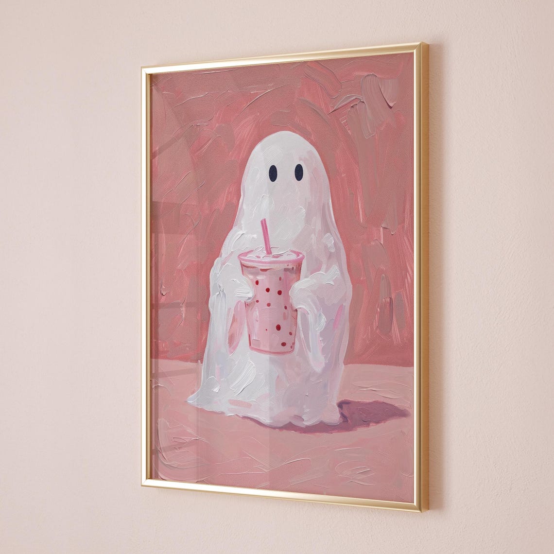 Cute Ghost With Bubble Tea Halloween Wall Art Preppy Halloween Room Decor Trendy Spooky Ghost Pink Wall Art - Image 4