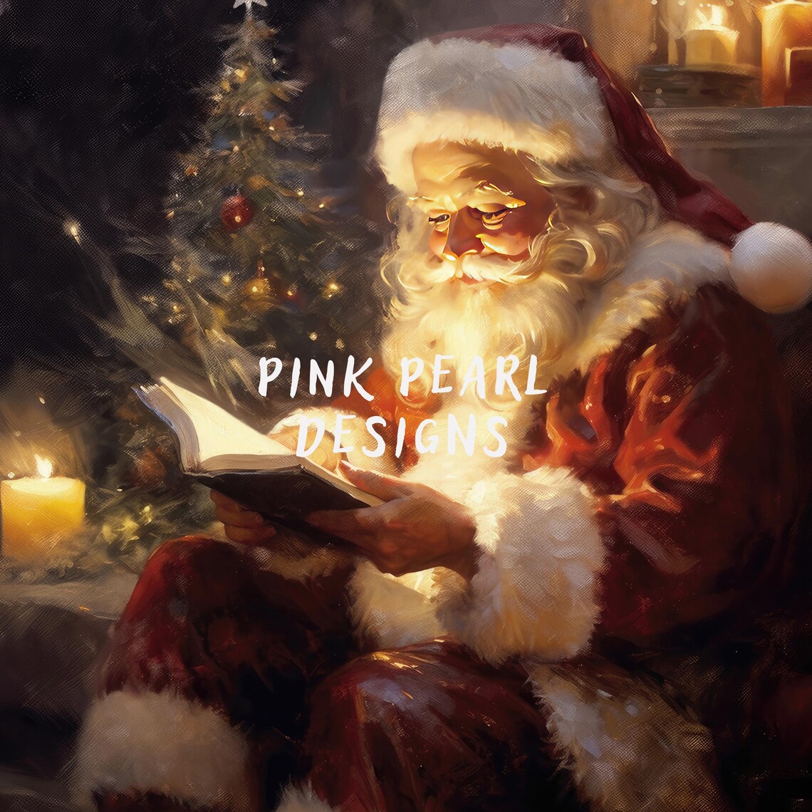 Santa Claus Reading By Candlelight Christmas Tree Art Poster - Image 2