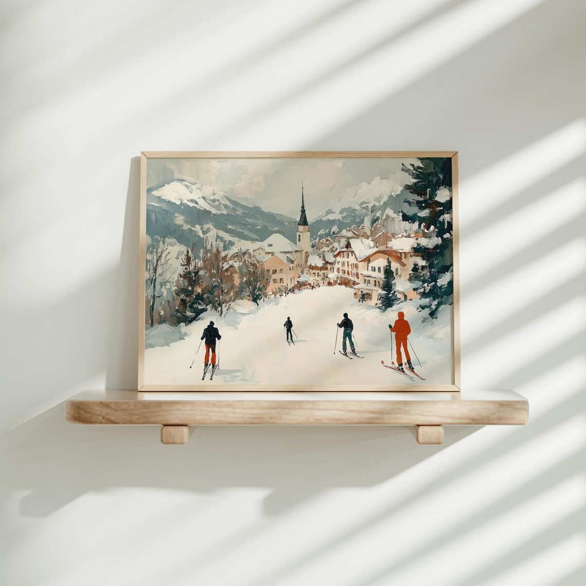 Vintage Alpine Skiers Village Church Snowy Winter Travel Poster - Image 3